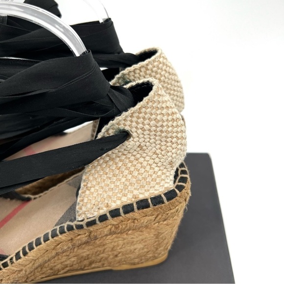 Burberry Espadrille Black Tan Brown Check Logo Tartan Plaid Print Wedge size 40 - Picture 9 of 16
